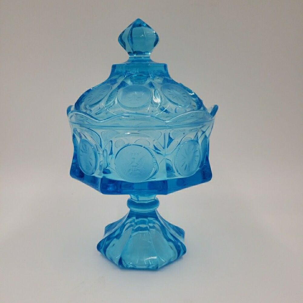 Fostoria Wedding Bowl with Lid Blue Glass Coin Medallion Covered Pedestal Dish - Picture 8 of 16